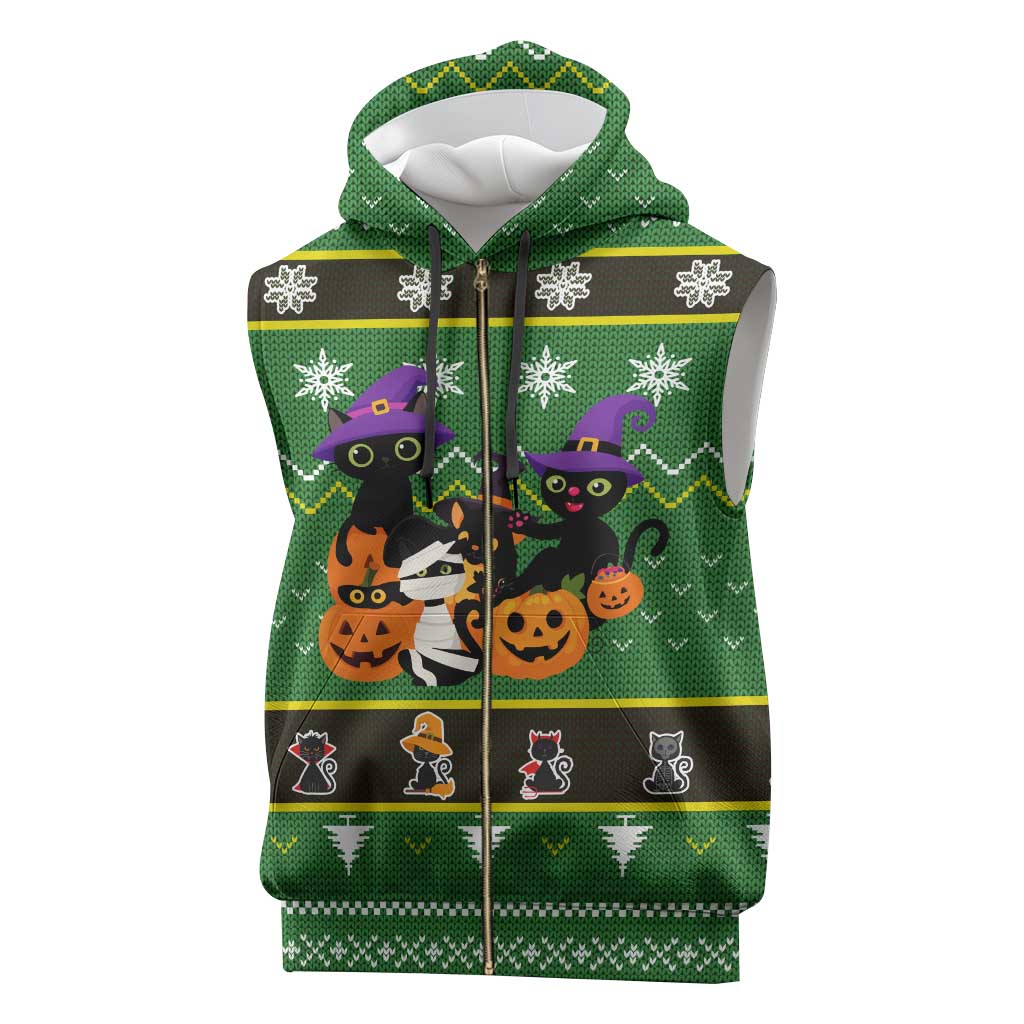 Cat Cute Witcher Noel Christmas Sleeveless Zip Hoodie Xmas Holiday Patterns - Wonder Print Shop