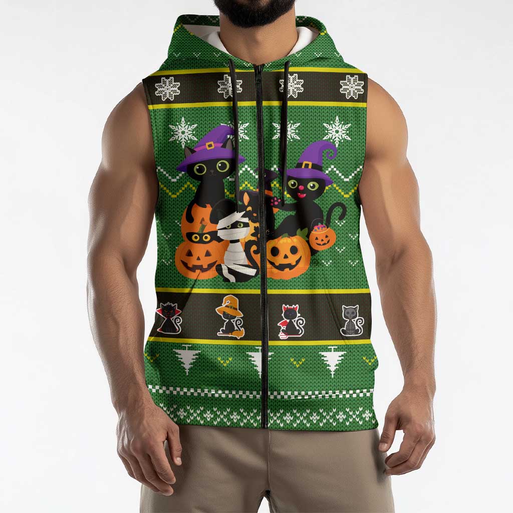 Cat Cute Witcher Noel Christmas Sleeveless Zip Hoodie Xmas Holiday Patterns - Wonder Print Shop