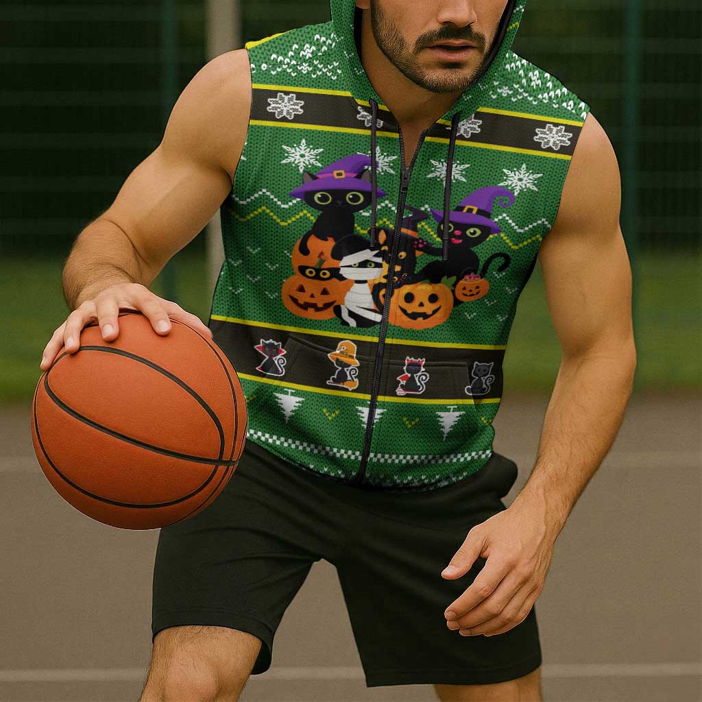 Cat Cute Witcher Noel Christmas Sleeveless Zip Hoodie Xmas Holiday Patterns - Wonder Print Shop