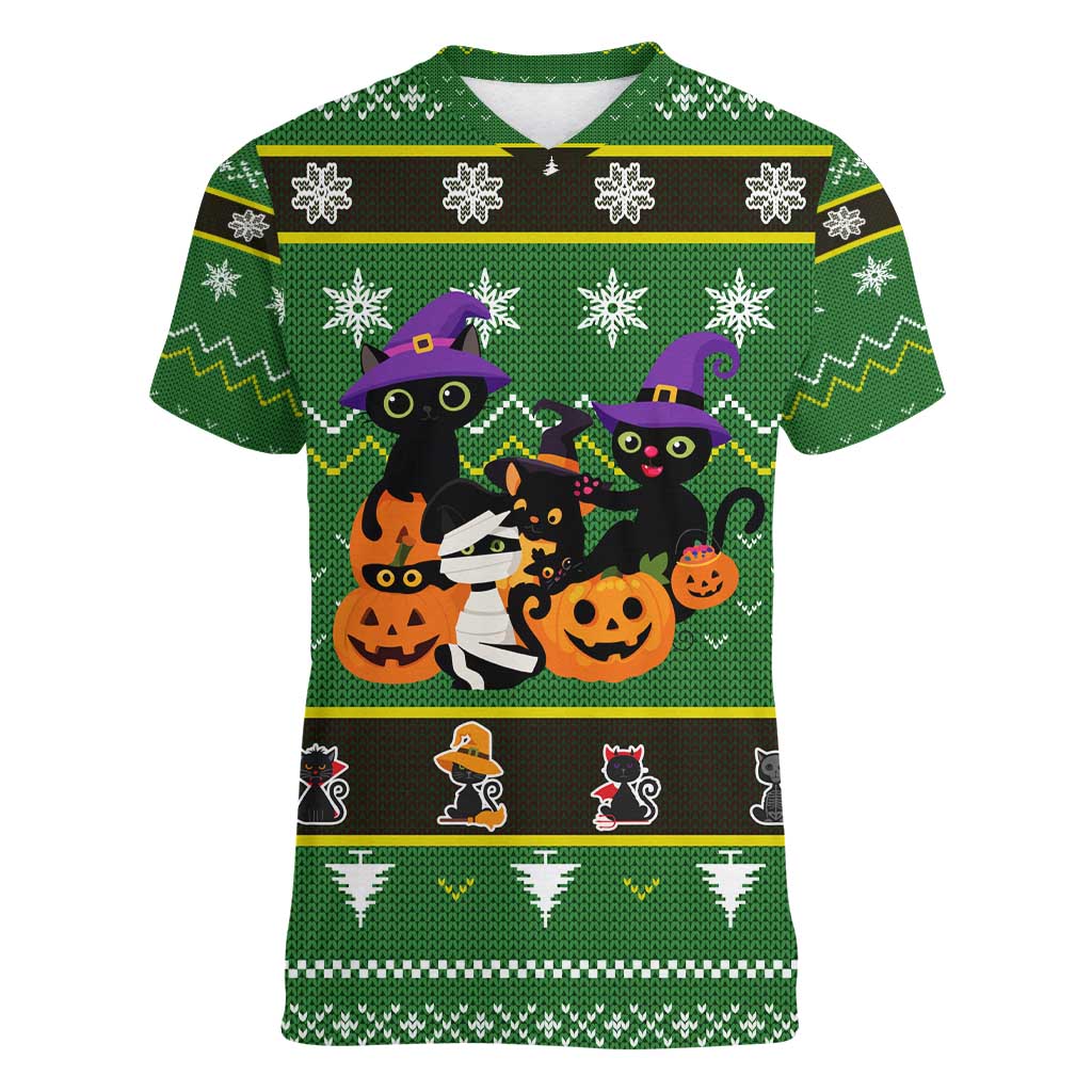 Cat Cute Witcher Noel Christmas Women V-Neck T-Shirt Xmas Holiday Patterns - Wonder Print Shop