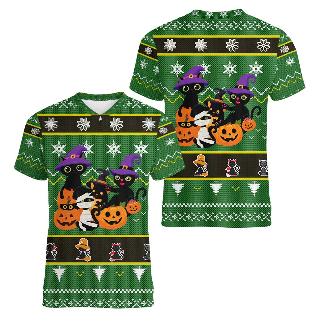 Cat Cute Witcher Noel Christmas Women V-Neck T-Shirt Xmas Holiday Patterns - Wonder Print Shop