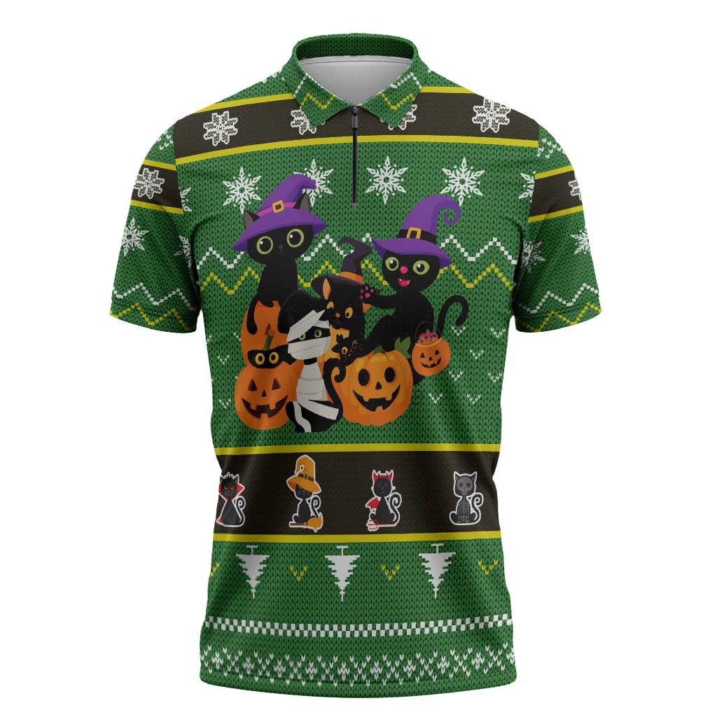 Cat Cute Witcher Noel Christmas Zipper Polo Shirt Xmas Holiday Patterns - Wonder Print Shop