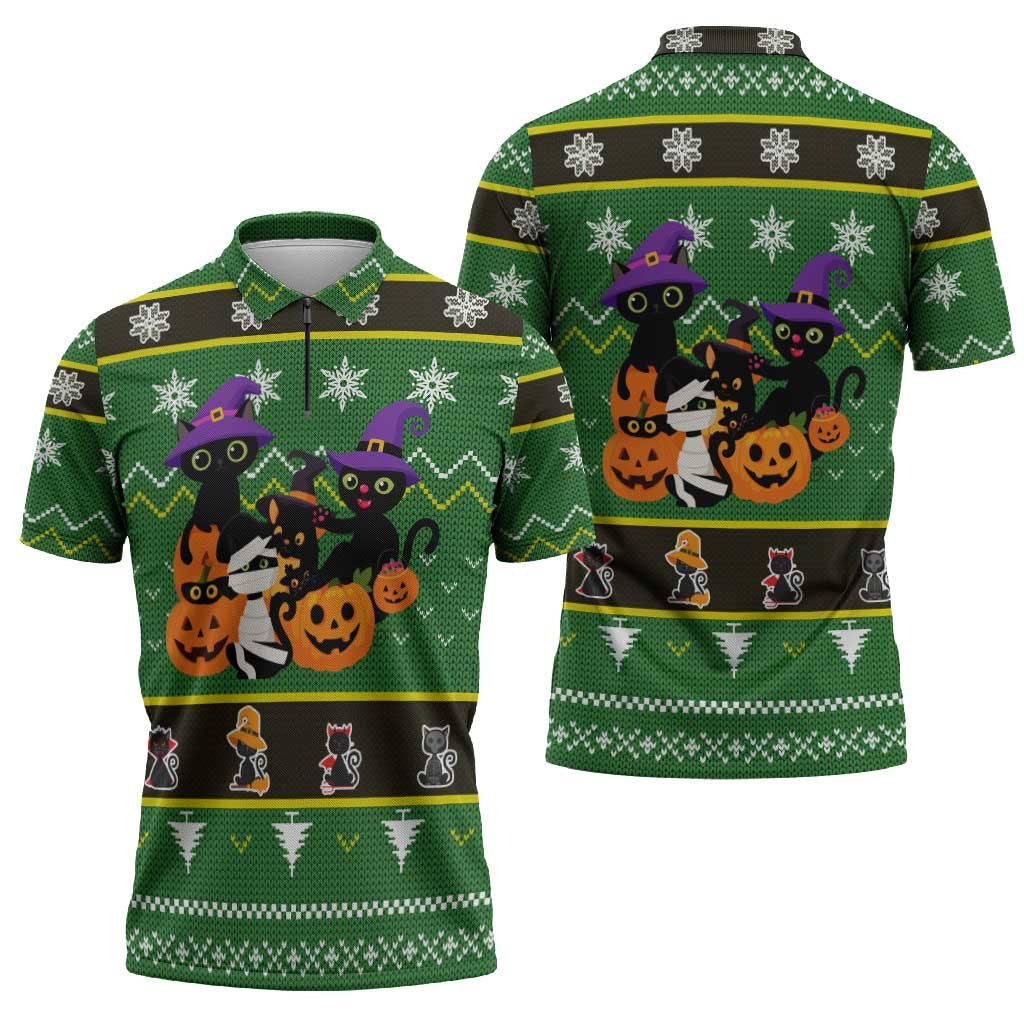 Cat Cute Witcher Noel Christmas Zipper Polo Shirt Xmas Holiday Patterns - Wonder Print Shop