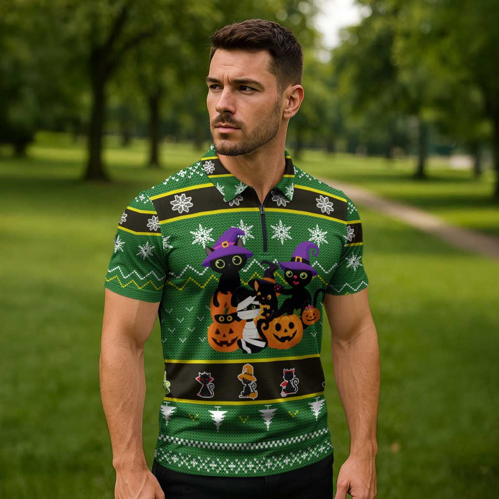 Cat Cute Witcher Noel Christmas Zipper Polo Shirt Xmas Holiday Patterns - Wonder Print Shop