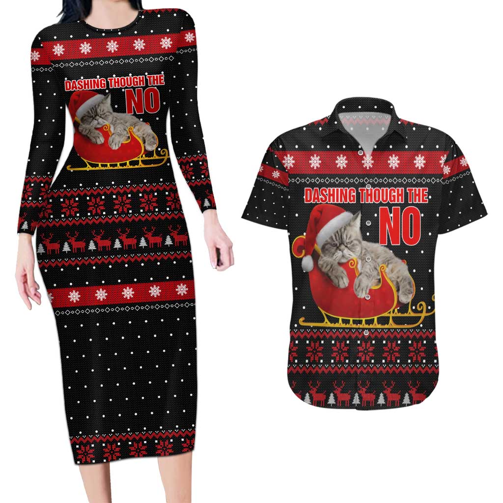 Cat Dashing Through The No Christmas Couples Matching Long Sleeve Bodycon Dress and Hawaiian Shirt Xmas Holiday Patterns - Wonder Print Shop
