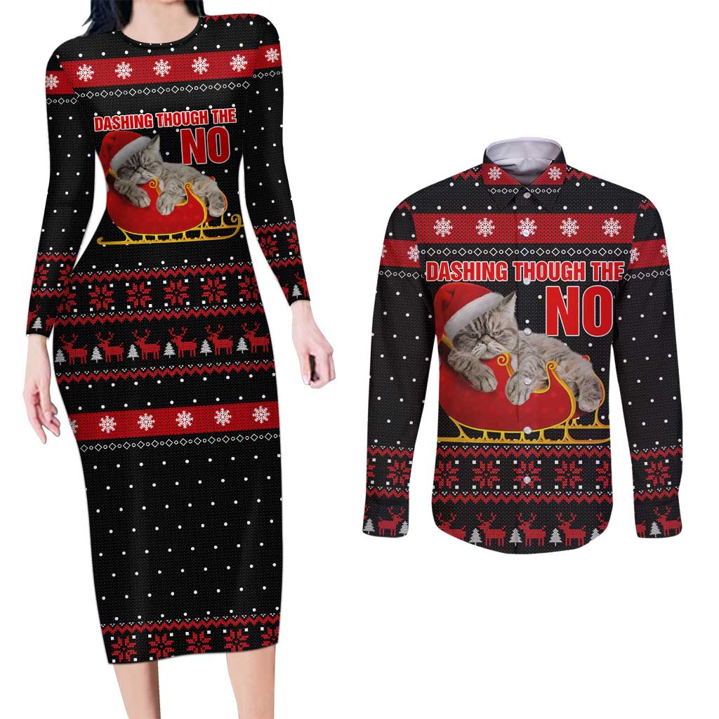 Cat Dashing Through The No Christmas Couples Matching Long Sleeve Bodycon Dress and Long Sleeve Button Shirt Xmas Holiday Patterns - Wonder Print Shop
