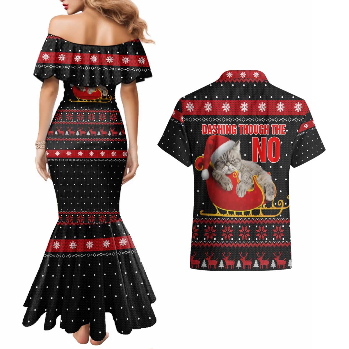 Cat Dashing Through The No Christmas Couples Matching Mermaid Dress and Hawaiian Shirt Xmas Holiday Patterns - Wonder Print Shop