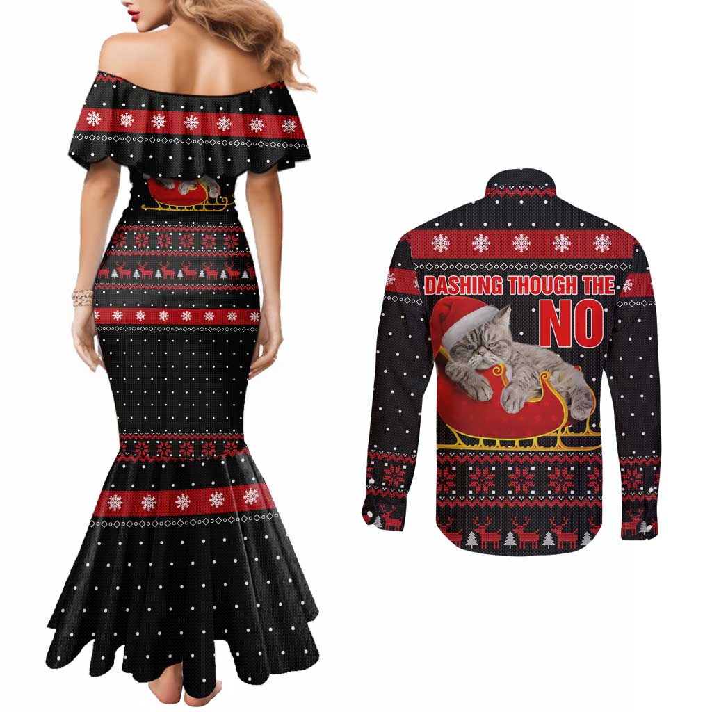 Cat Dashing Through The No Christmas Couples Matching Mermaid Dress and Long Sleeve Button Shirt Xmas Holiday Patterns - Wonder Print Shop
