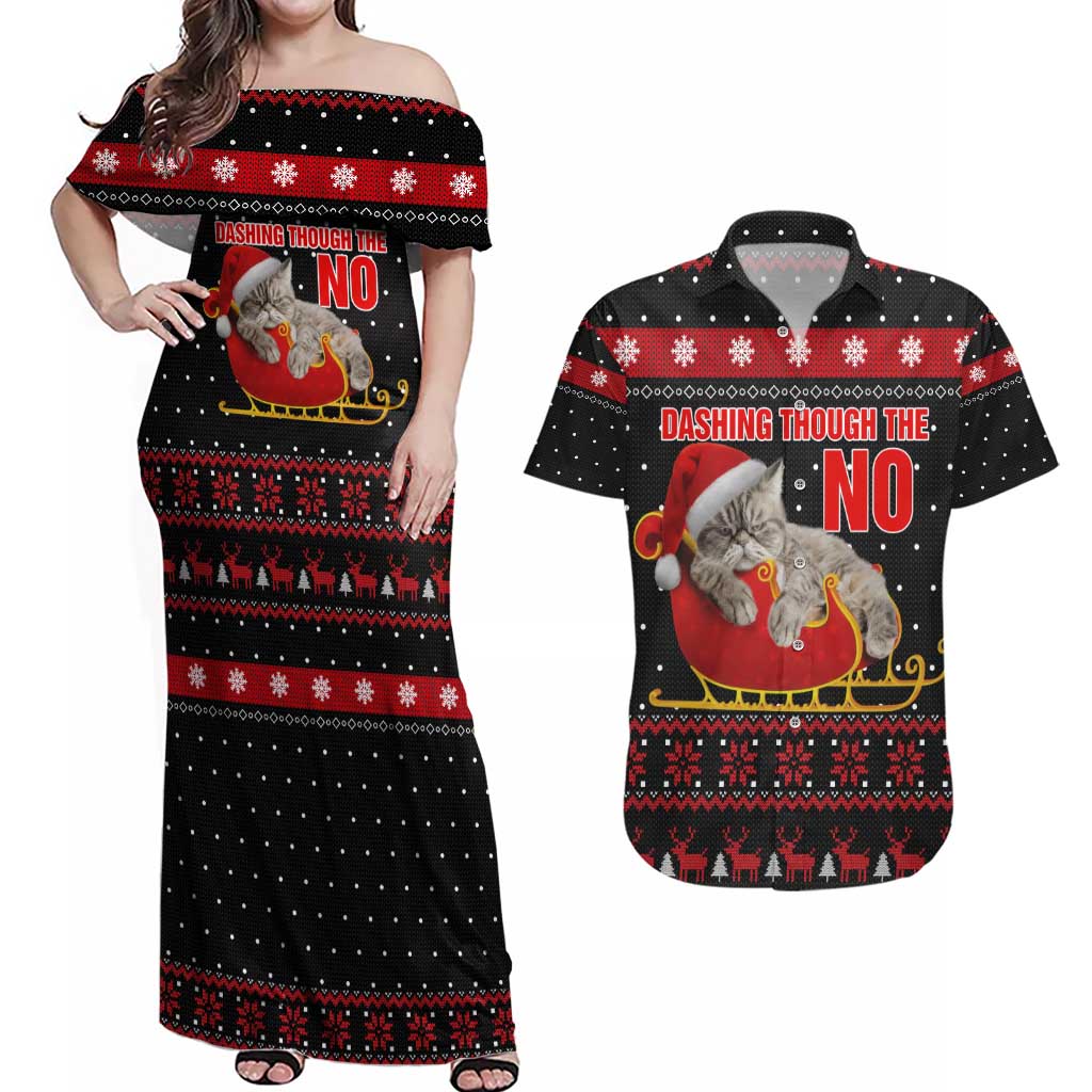 Cat Dashing Through The No Christmas Couples Matching Off Shoulder Maxi Dress and Hawaiian Shirt Xmas Holiday Patterns - Wonder Print Shop