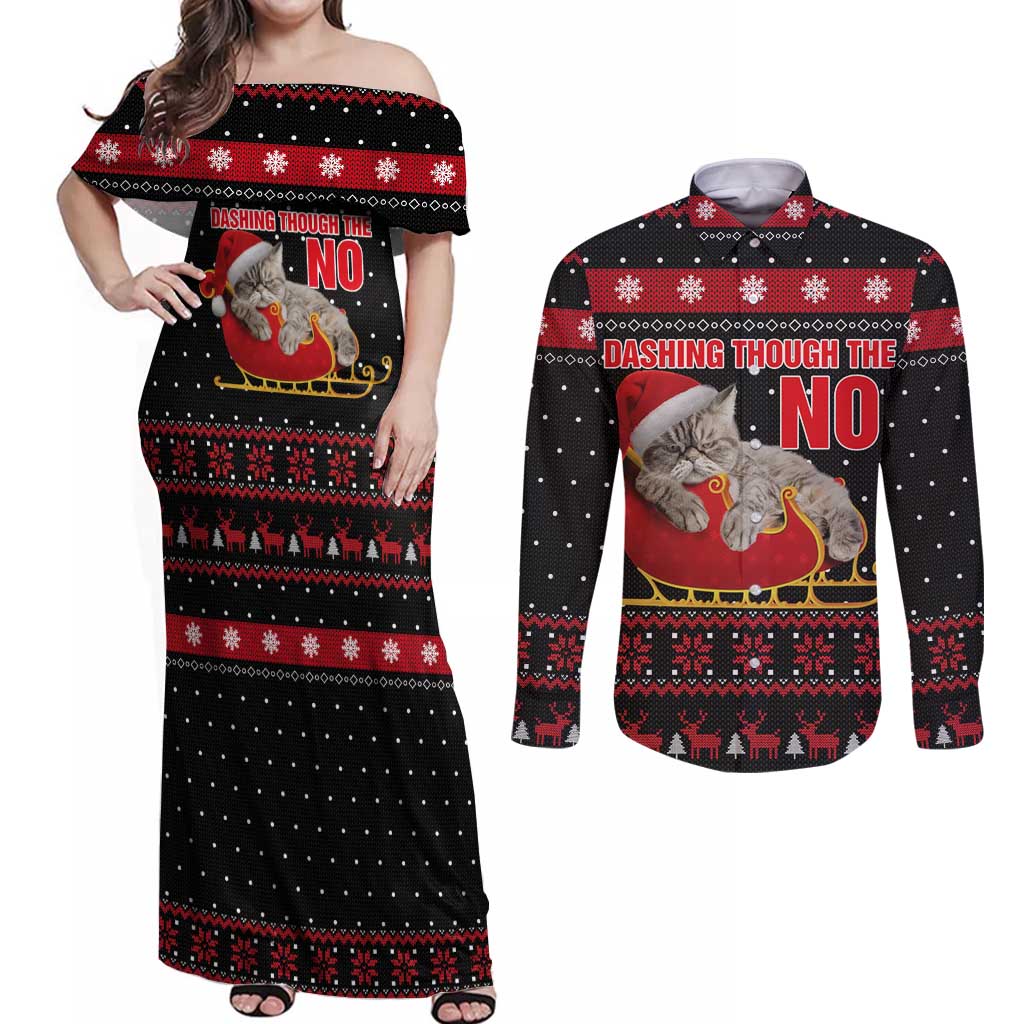 Cat Dashing Through The No Christmas Couples Matching Off Shoulder Maxi Dress and Long Sleeve Button Shirt Xmas Holiday Patterns - Wonder Print Shop