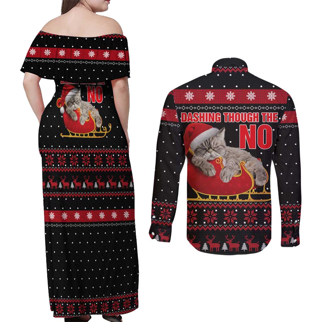 Cat Dashing Through The No Christmas Couples Matching Off Shoulder Maxi Dress and Long Sleeve Button Shirt Xmas Holiday Patterns - Wonder Print Shop