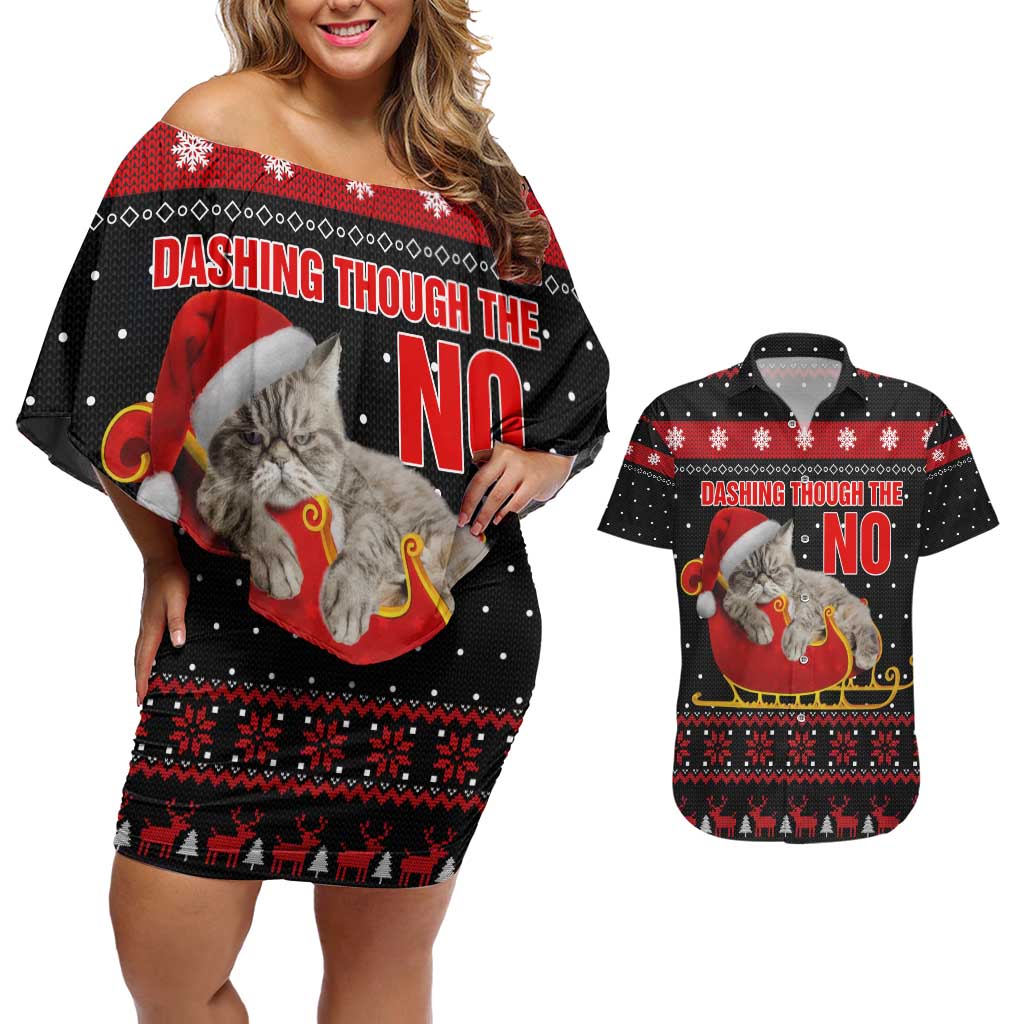 Cat Dashing Through The No Christmas Couples Matching Off Shoulder Short Dress and Hawaiian Shirt Xmas Holiday Patterns - Wonder Print Shop