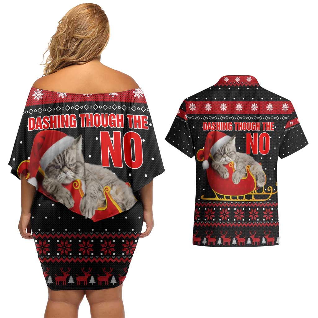 Cat Dashing Through The No Christmas Couples Matching Off Shoulder Short Dress and Hawaiian Shirt Xmas Holiday Patterns - Wonder Print Shop