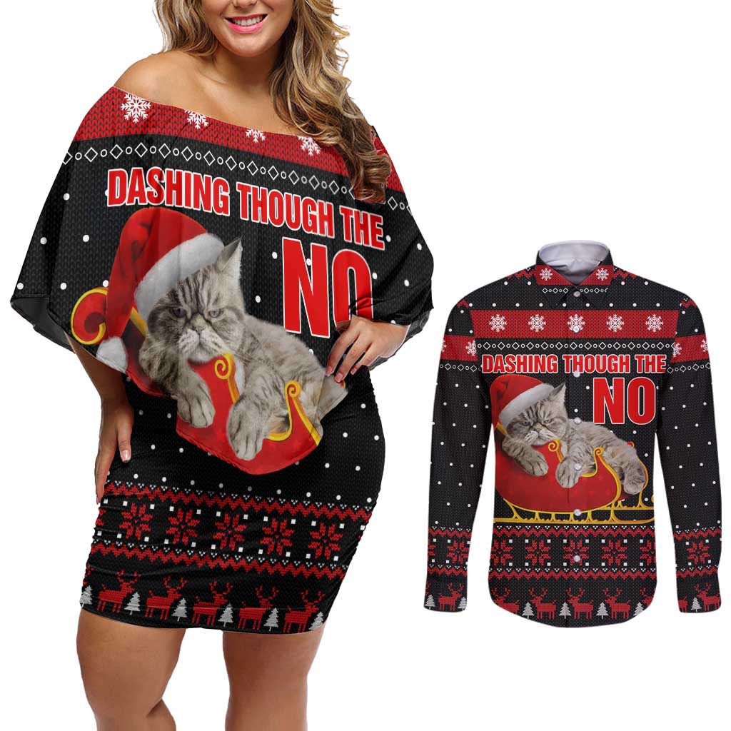 Cat Dashing Through The No Christmas Couples Matching Off Shoulder Short Dress and Long Sleeve Button Shirt Xmas Holiday Patterns - Wonder Print Shop