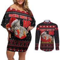 Cat Dashing Through The No Christmas Couples Matching Off Shoulder Short Dress and Long Sleeve Button Shirt Xmas Holiday Patterns - Wonder Print Shop
