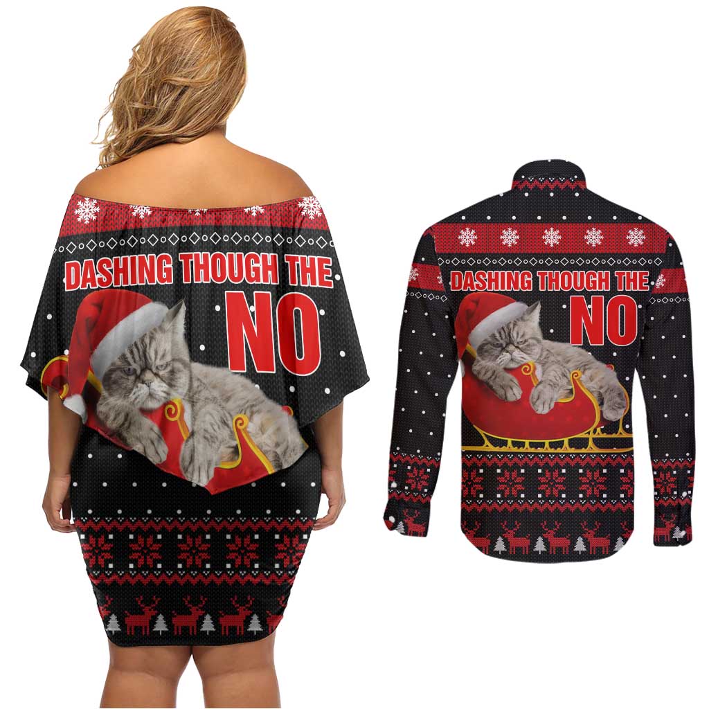 Cat Dashing Through The No Christmas Couples Matching Off Shoulder Short Dress and Long Sleeve Button Shirt Xmas Holiday Patterns - Wonder Print Shop