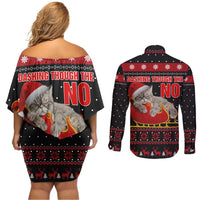 Cat Dashing Through The No Christmas Couples Matching Off Shoulder Short Dress and Long Sleeve Button Shirt Xmas Holiday Patterns - Wonder Print Shop