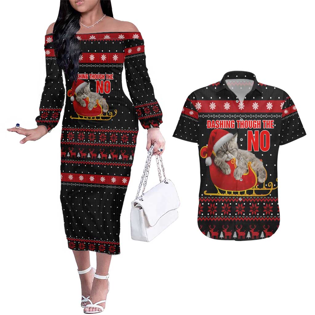 Cat Dashing Through The No Christmas Couples Matching Off The Shoulder Long Sleeve Dress and Hawaiian Shirt Xmas Holiday Patterns - Wonder Print Shop