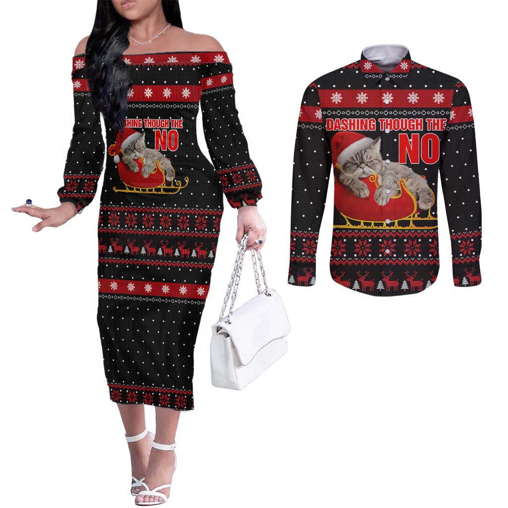 Cat Dashing Through The No Christmas Couples Matching Off The Shoulder Long Sleeve Dress and Long Sleeve Button Shirt Xmas Holiday Patterns - Wonder Print Shop
