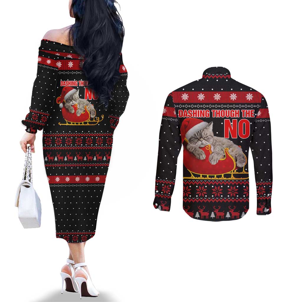Cat Dashing Through The No Christmas Couples Matching Off The Shoulder Long Sleeve Dress and Long Sleeve Button Shirt Xmas Holiday Patterns - Wonder Print Shop