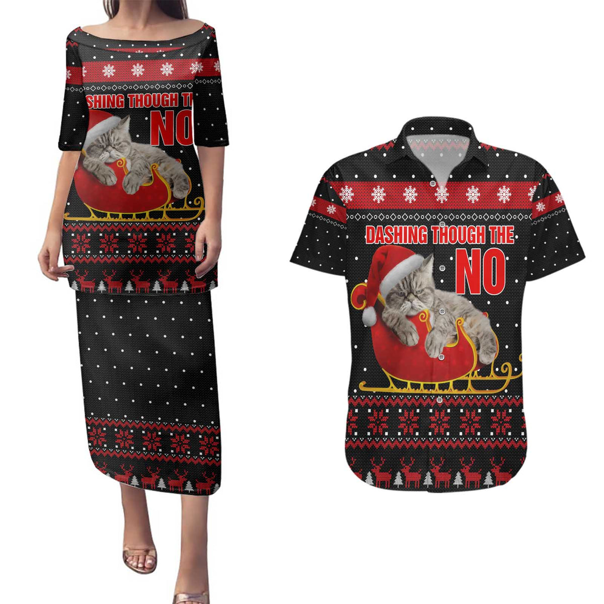 Cat Dashing Through The No Christmas Couples Matching Puletasi and Hawaiian Shirt Xmas Holiday Patterns - Wonder Print Shop