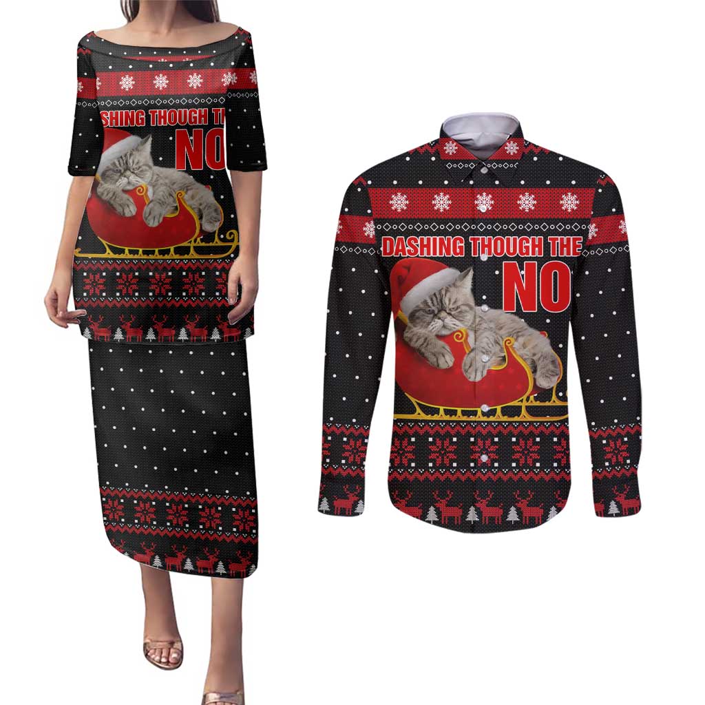 Cat Dashing Through The No Christmas Couples Matching Puletasi and Long Sleeve Button Shirt Xmas Holiday Patterns - Wonder Print Shop