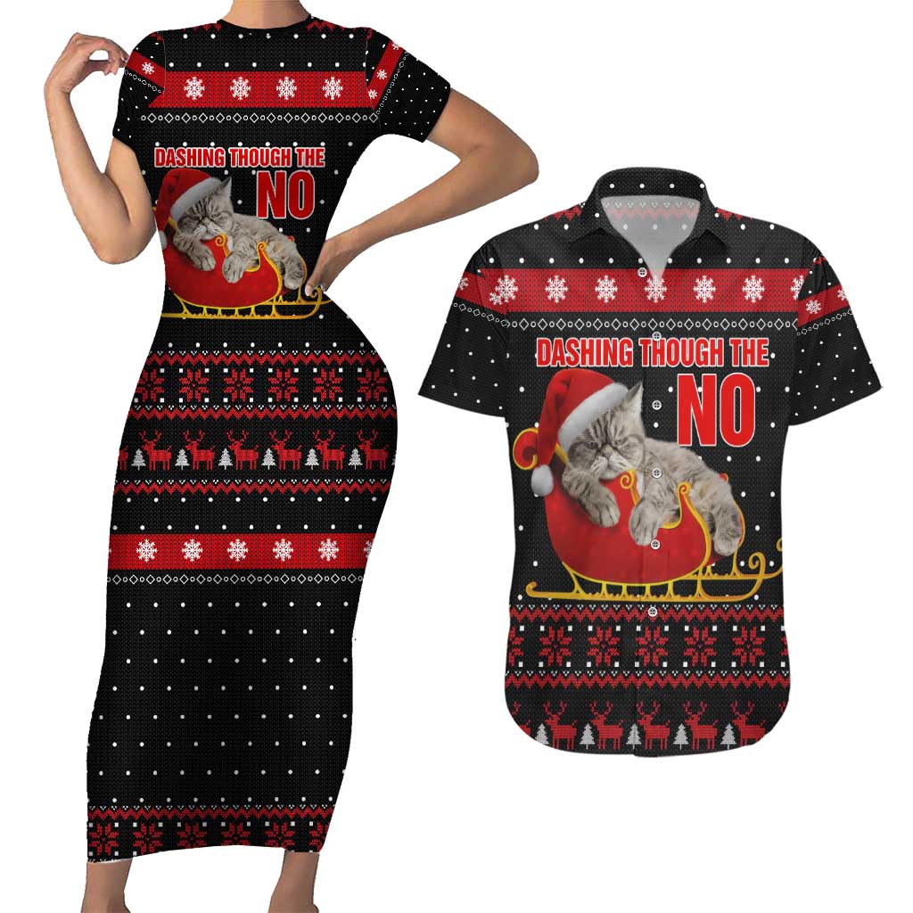 Cat Dashing Through The No Christmas Couples Matching Short Sleeve Bodycon Dress and Hawaiian Shirt Xmas Holiday Patterns - Wonder Print Shop