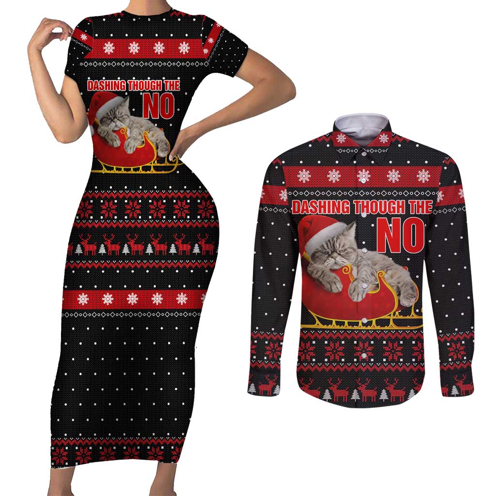 Cat Dashing Through The No Christmas Couples Matching Short Sleeve Bodycon Dress and Long Sleeve Button Shirt Xmas Holiday Patterns - Wonder Print Shop