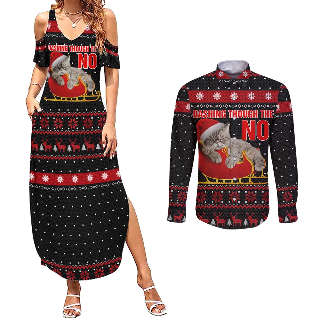 Cat Dashing Through The No Christmas Couples Matching Summer Maxi Dress and Long Sleeve Button Shirt Xmas Holiday Patterns - Wonder Print Shop