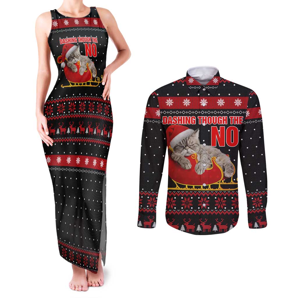 Cat Dashing Through The No Christmas Couples Matching Tank Maxi Dress and Long Sleeve Button Shirt Xmas Holiday Patterns - Wonder Print Shop