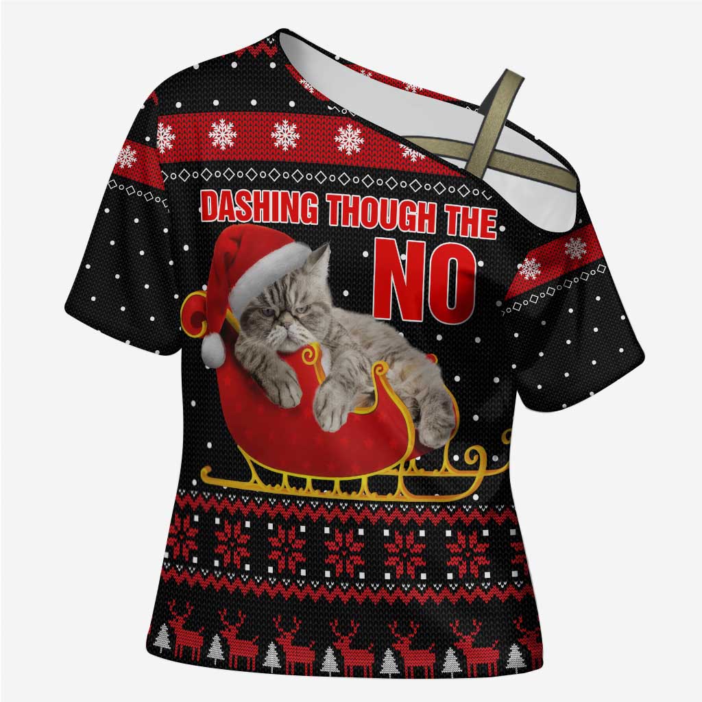 Cat Dashing Through The No Christmas Cross Shoulder Shirt Xmas Holiday Patterns - Wonder Print Shop
