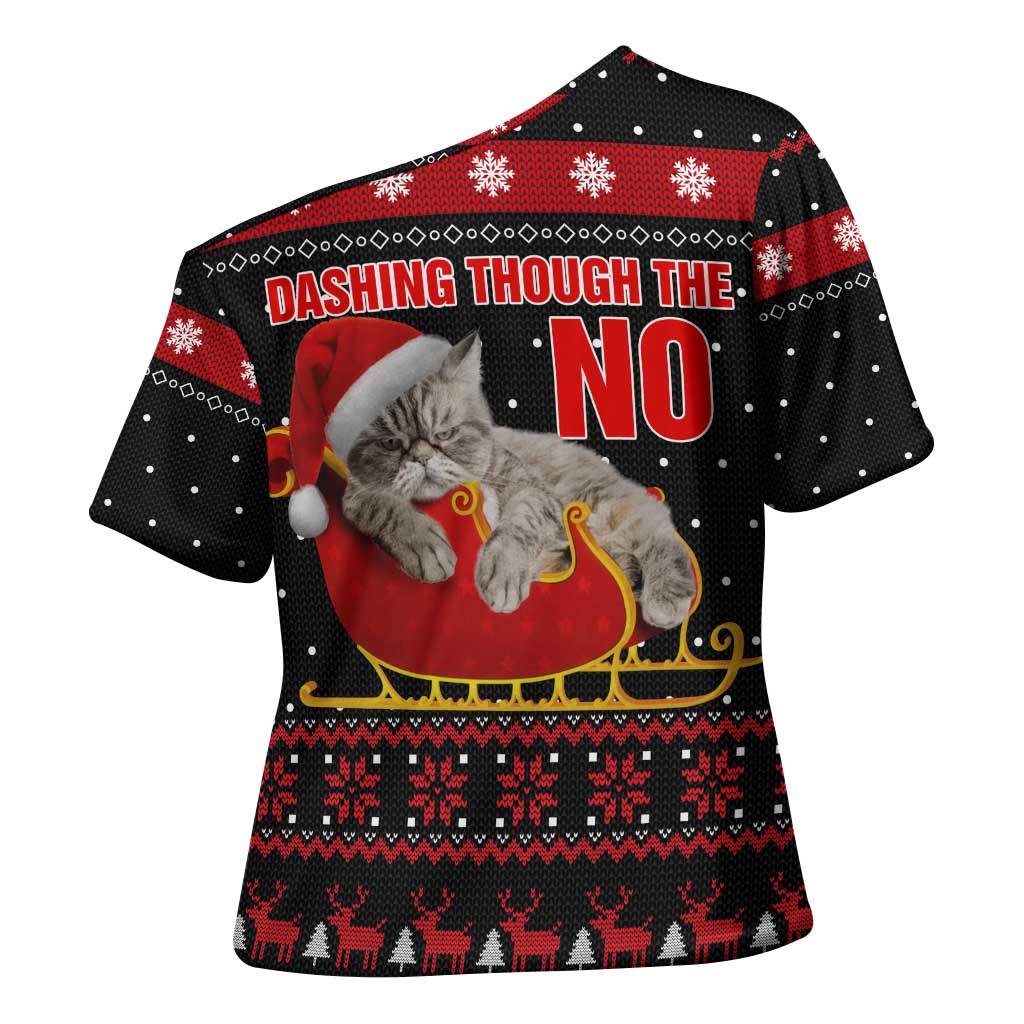 Cat Dashing Through The No Christmas Cross Shoulder Shirt Xmas Holiday Patterns - Wonder Print Shop