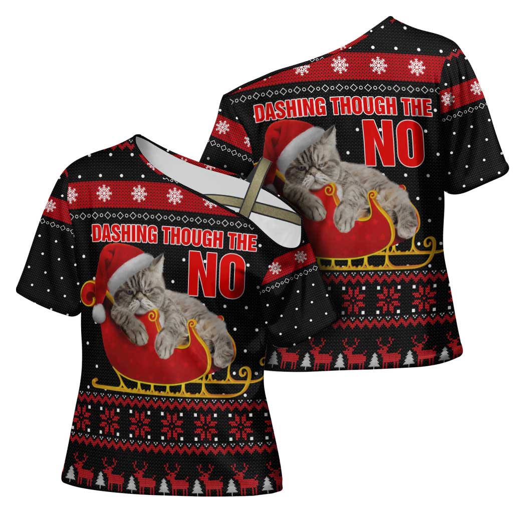 Cat Dashing Through The No Christmas Cross Shoulder Shirt Xmas Holiday Patterns - Wonder Print Shop