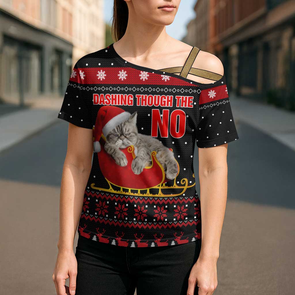 Cat Dashing Through The No Christmas Cross Shoulder Shirt Xmas Holiday Patterns - Wonder Print Shop