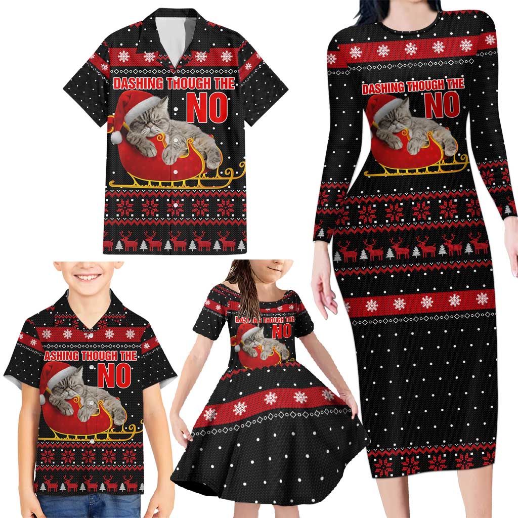 Cat Dashing Through The No Christmas Family Matching Long Sleeve Bodycon Dress and Hawaiian Shirt Xmas Holiday Patterns - Wonder Print Shop