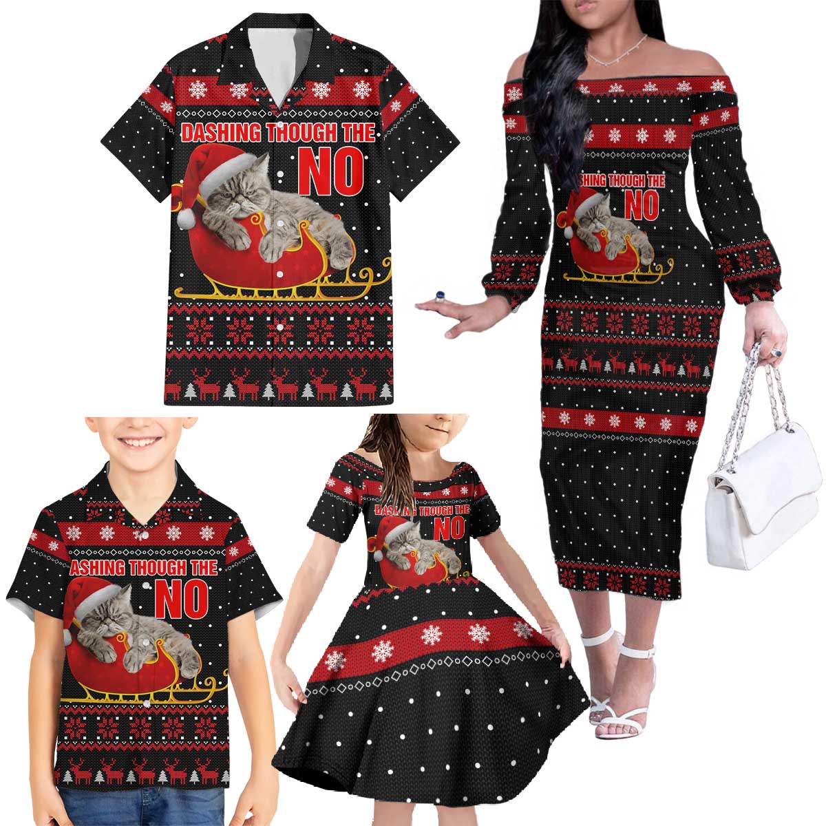 Cat Dashing Through The No Christmas Family Matching Off The Shoulder Long Sleeve Dress and Hawaiian Shirt Xmas Holiday Patterns - Wonder Print Shop