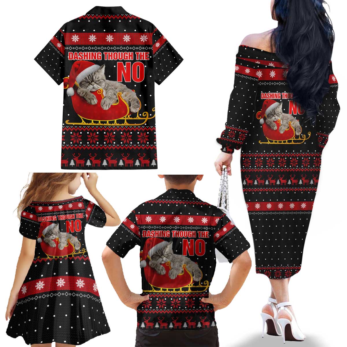 Cat Dashing Through The No Christmas Family Matching Off The Shoulder Long Sleeve Dress and Hawaiian Shirt Xmas Holiday Patterns - Wonder Print Shop