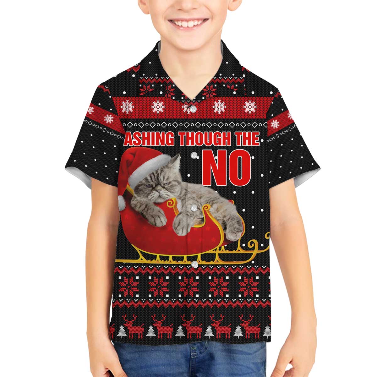 Cat Dashing Through The No Christmas Family Matching Off The Shoulder Long Sleeve Dress and Hawaiian Shirt Xmas Holiday Patterns - Wonder Print Shop