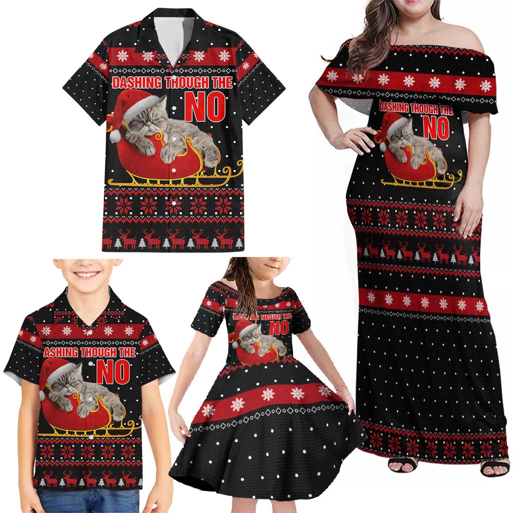 Cat Dashing Through The No Christmas Family Matching Off Shoulder Maxi Dress and Hawaiian Shirt Xmas Holiday Patterns - Wonder Print Shop