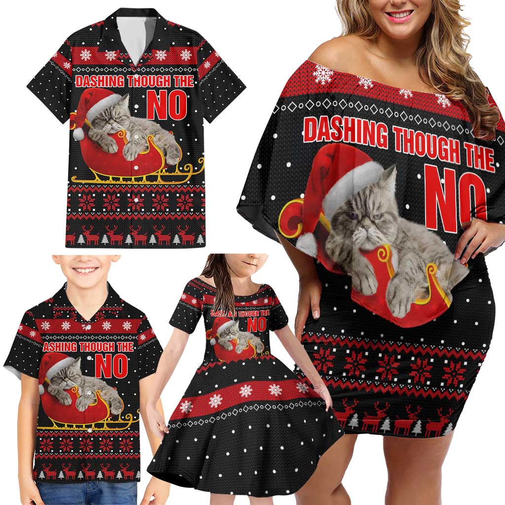 Cat Dashing Through The No Christmas Family Matching Off Shoulder Short Dress and Hawaiian Shirt Xmas Holiday Patterns - Wonder Print Shop