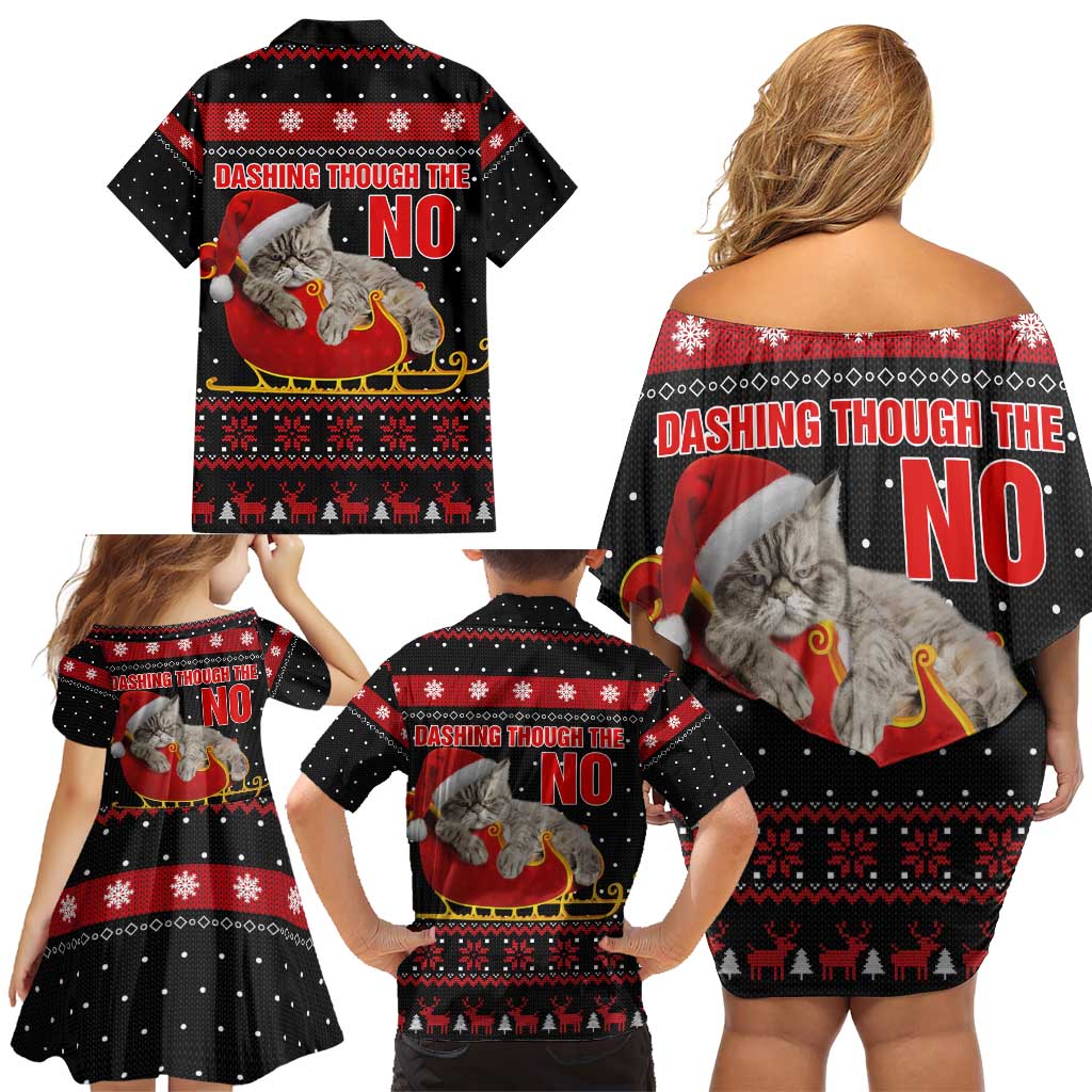 Cat Dashing Through The No Christmas Family Matching Off Shoulder Short Dress and Hawaiian Shirt Xmas Holiday Patterns - Wonder Print Shop