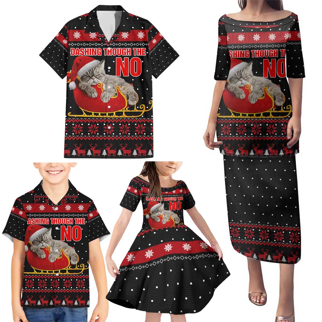 Cat Dashing Through The No Christmas Family Matching Puletasi and Hawaiian Shirt Xmas Holiday Patterns - Wonder Print Shop