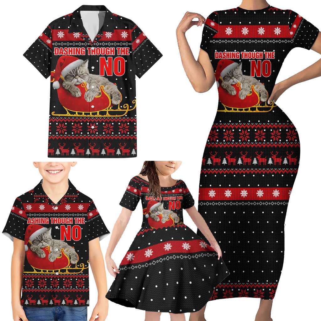 Cat Dashing Through The No Christmas Family Matching Short Sleeve Bodycon Dress and Hawaiian Shirt Xmas Holiday Patterns - Wonder Print Shop