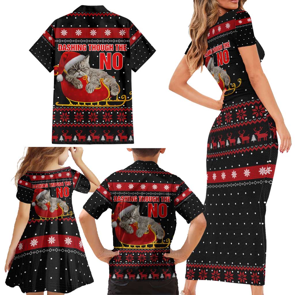 Cat Dashing Through The No Christmas Family Matching Short Sleeve Bodycon Dress and Hawaiian Shirt Xmas Holiday Patterns - Wonder Print Shop