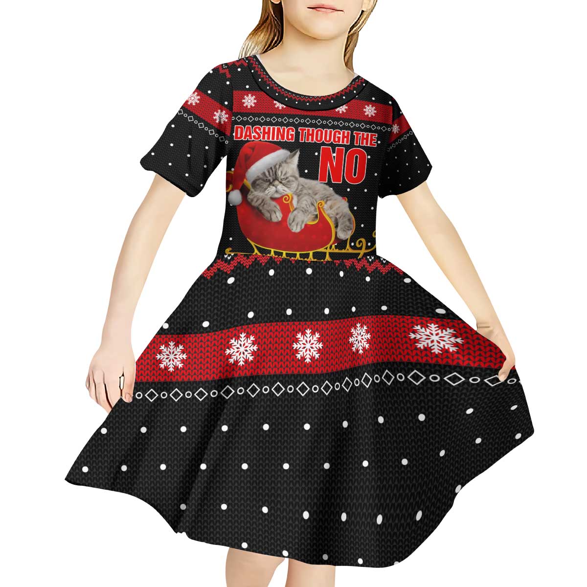 Cat Dashing Through The No Christmas Kid Short Sleeve Dress Xmas Holiday Patterns - Wonder Print Shop