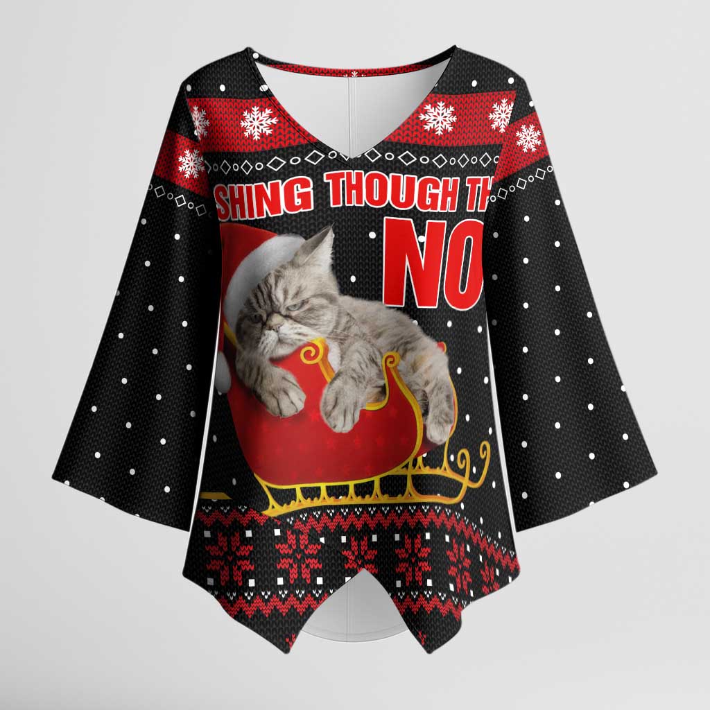 Cat Dashing Through The No Christmas Kimono Sleeve Blouse Xmas Holiday Patterns - Wonder Print Shop