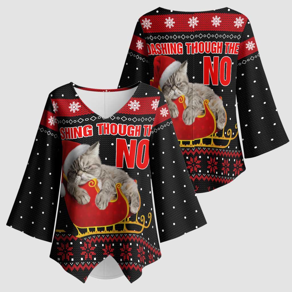 Cat Dashing Through The No Christmas Kimono Sleeve Blouse Xmas Holiday Patterns - Wonder Print Shop