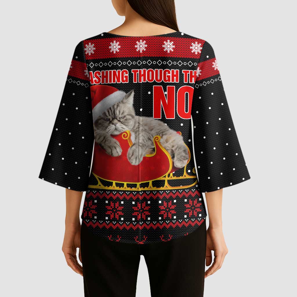 Cat Dashing Through The No Christmas Kimono Sleeve Blouse Xmas Holiday Patterns - Wonder Print Shop