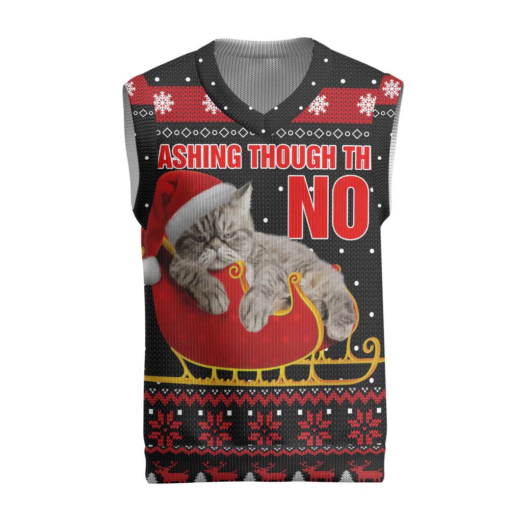 Cat Dashing Through The No Christmas Knitted V-Neck Vest Xmas Holiday Patterns - Wonder Print Shop