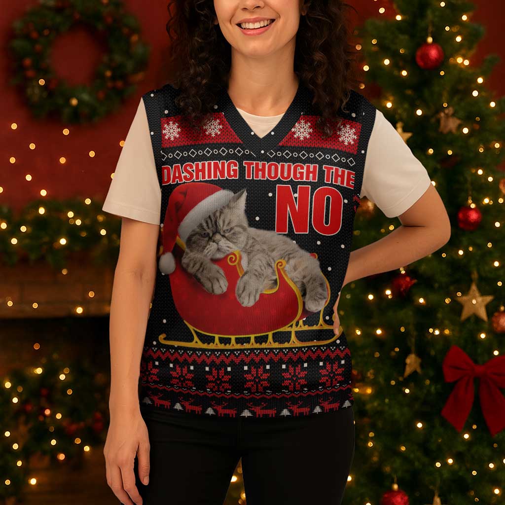 Cat Dashing Through The No Christmas Knitted V-Neck Vest Xmas Holiday Patterns - Wonder Print Shop